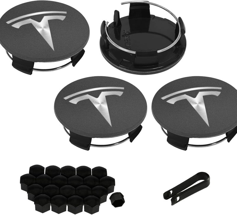 Knomix 4 Pack Exterior Decoration Wheel Center Cover for Tesla Model 3 Model Y,56mm Hubcaps Wheel Rim Cover Tesla Center Caps Hubcaps+20 Black Lug Nut Covers (Matte Grey+Silver Emblem) - Image 1